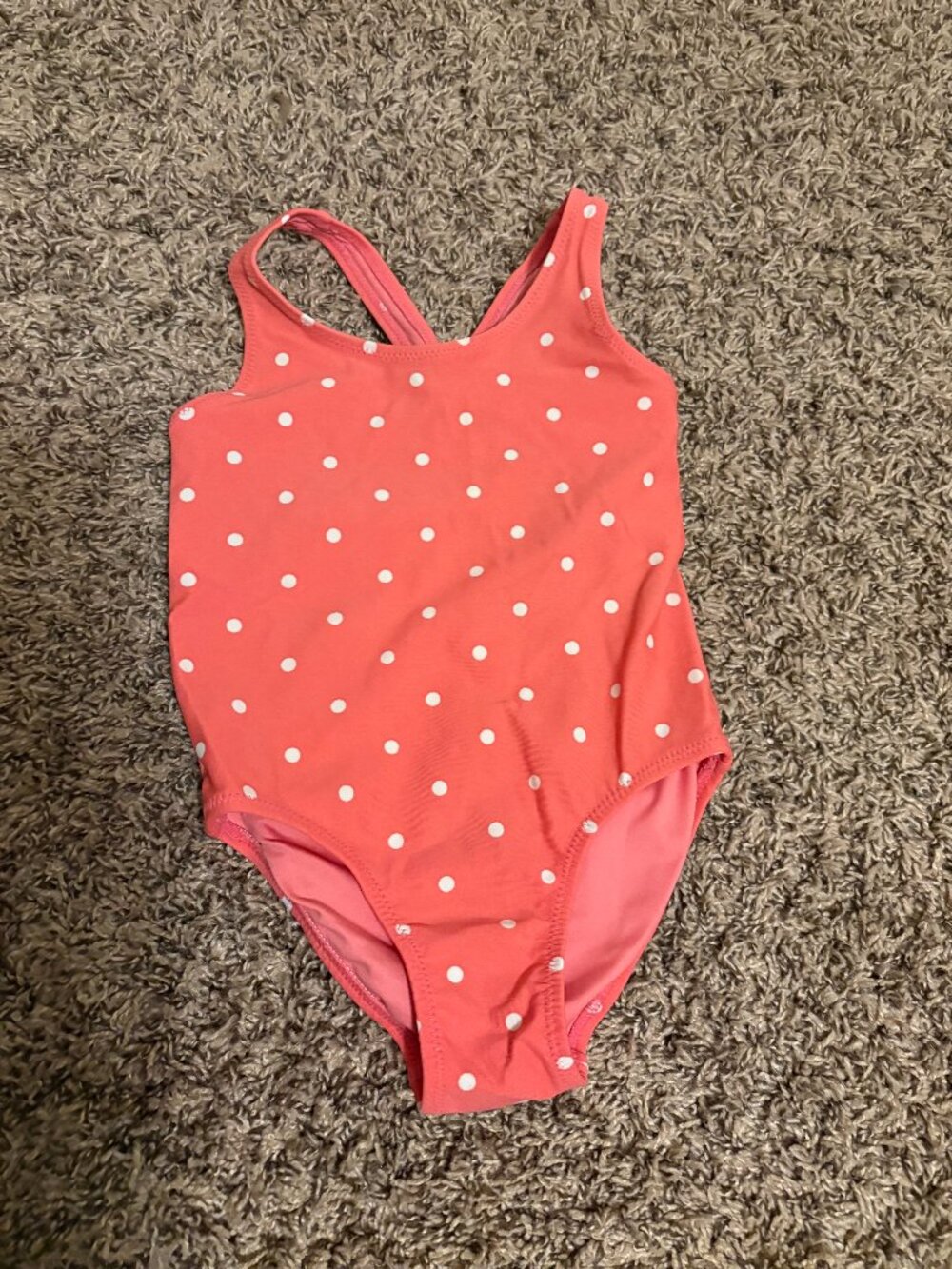 Primary One Piece Swimsuit 2-3 Pink White Polka Dots Criss Cross Back Nylon
